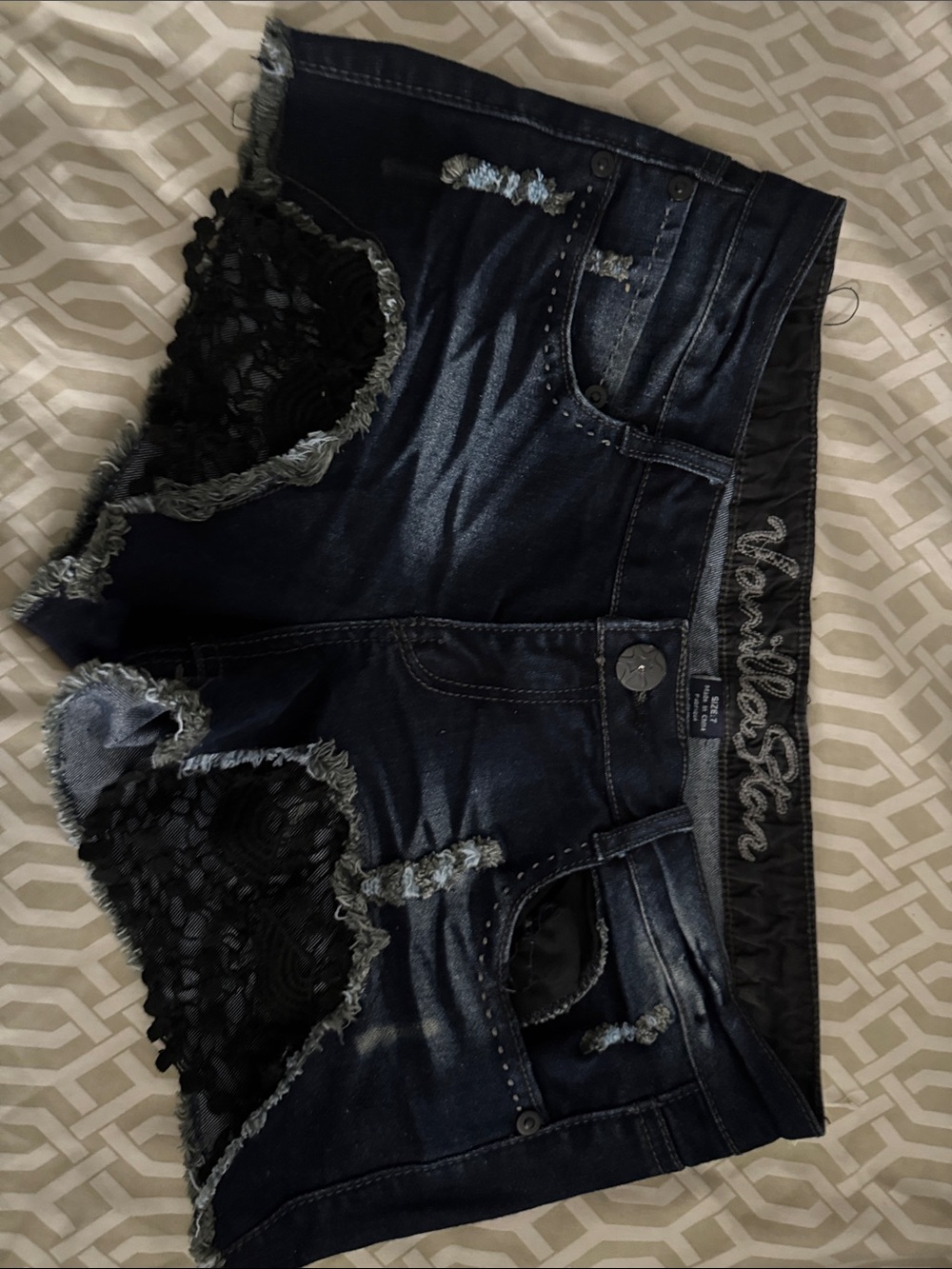 Dark Wash Denim Lace Trim Shorts